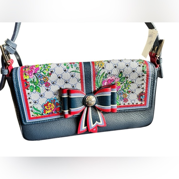 Brighton FASHION LUX BAGUETTE Navy Floral Leather Bow Handbag W/ Studs - Picture 2 of 15